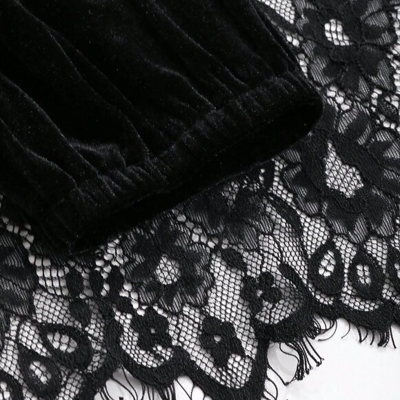 Black Elegant Women's Contrast Lace Hem Velvet Dress - Picture 7 of 7